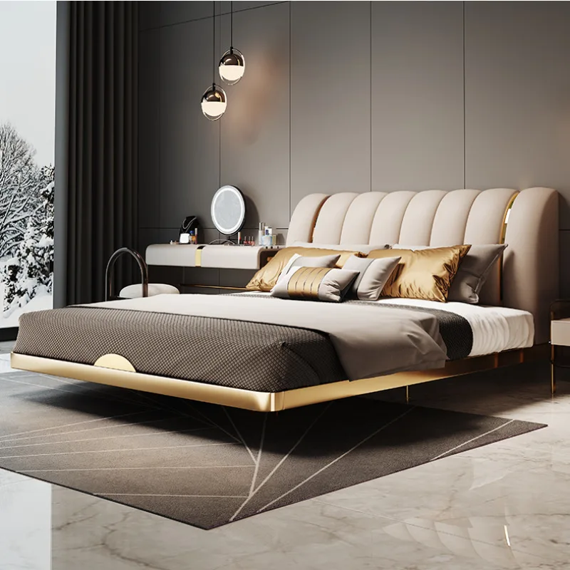 

New Suspended Bed Postmodern Light Luxury Leather Bed Master Bedroom Minimalist Italian Simple Mesh Red Bed Soft Bag