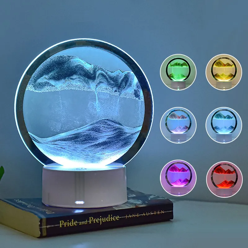 LED RGB Quicksand Lamp Moving Sand Art Night Light 3D Hourglass Light 7 Color Painting Sandscape Lamp Home Table Decor Xmas Gift