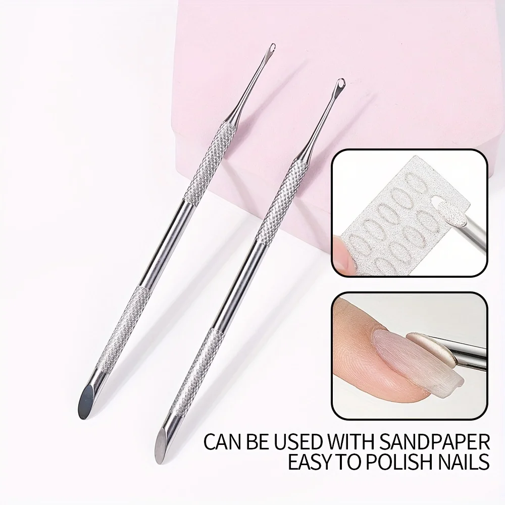 Dual-Headed Steel Cuticle Pushers with Slanted Edges for Manicure Prep and Dead Skin Removal