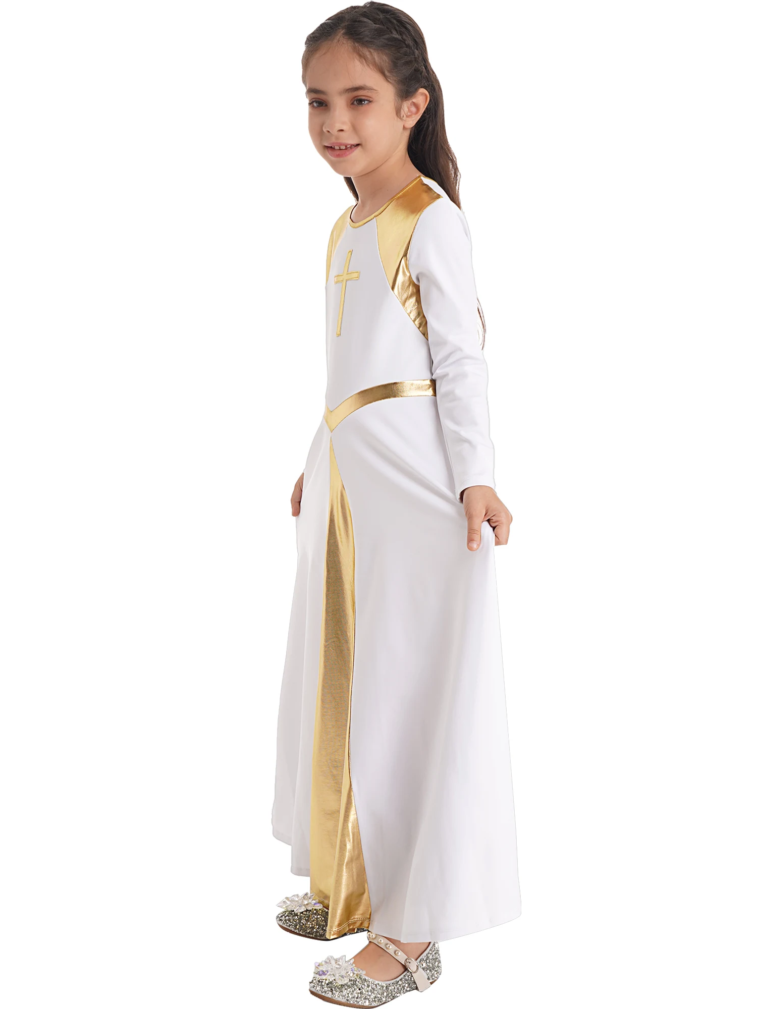 Praise Dance Dresses For Girls Girls Metallic Gold Praise Dance Dress - Liturgical Worship Church Robe With Swing Skirt Dressers For Kids Praise Dance Dresses For Girls Girls Metallic Gold Praise Dance Dress - Liturgical Worship Church Robe With Swing Skirt Dressers For Kids