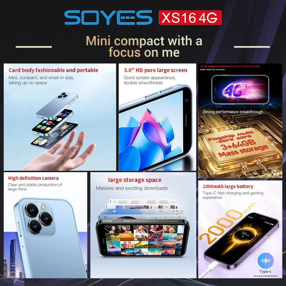 SOYES XS16 Mini 4G LTE Android10.0 3GB Smartphone  RAM 64GB ROM 3" Display 5MP Camera Dual SIM With Play Store WhatsAPP 3