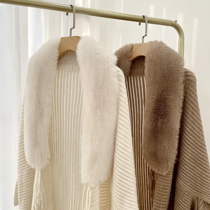 Description Picture 3 of itemKnitted Faux Fur Neck Streetwear Shawl Sweater Winter Women Tassel Cardigans Dress Cape Overcoat Batwing Sleeves Poncho Knitwear