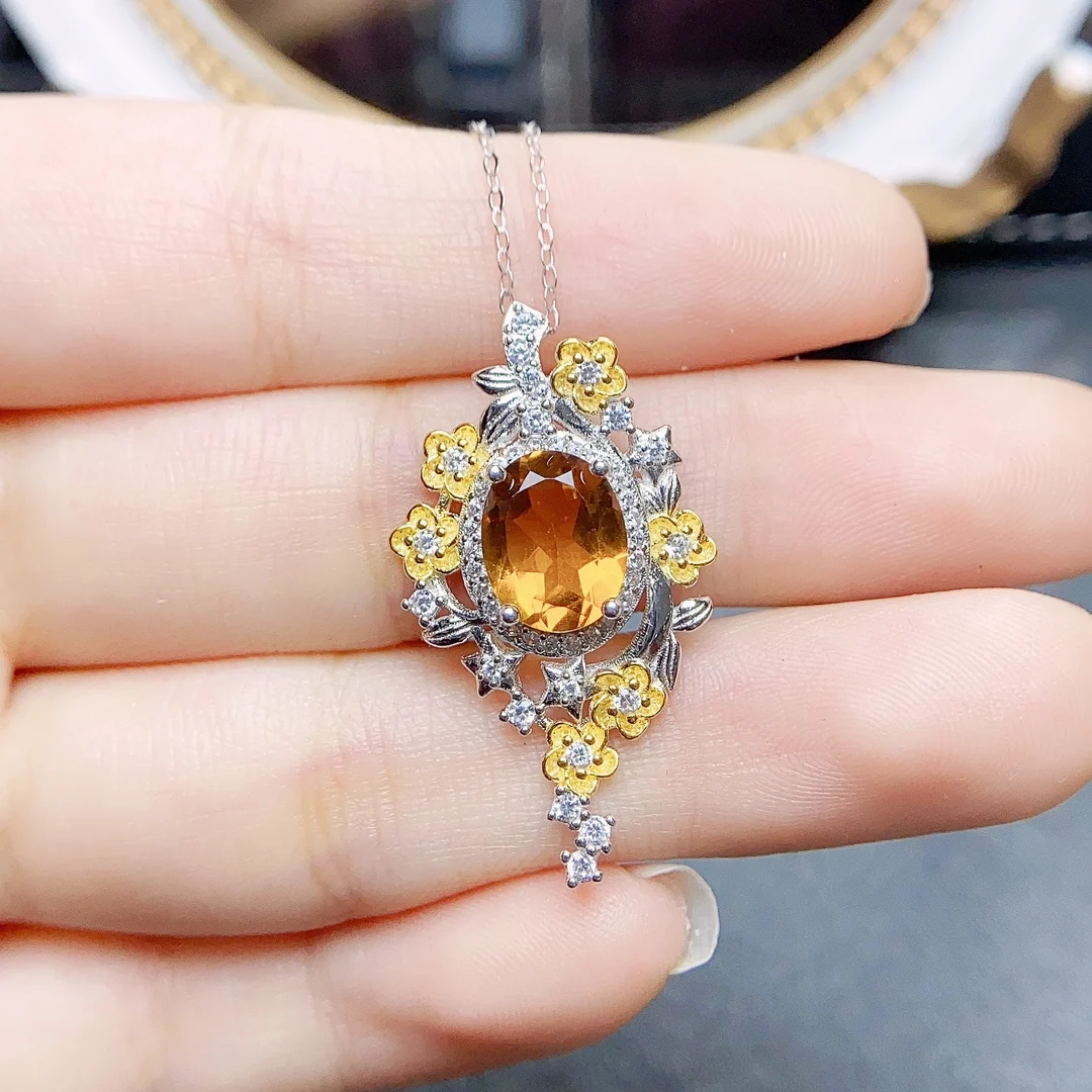 

FS 8*10mm Natural Citrine S925 Sterling Silver Pendant Necklace With Certificate Fine Charm Weddings Jewelry for Women MeiBaPJ