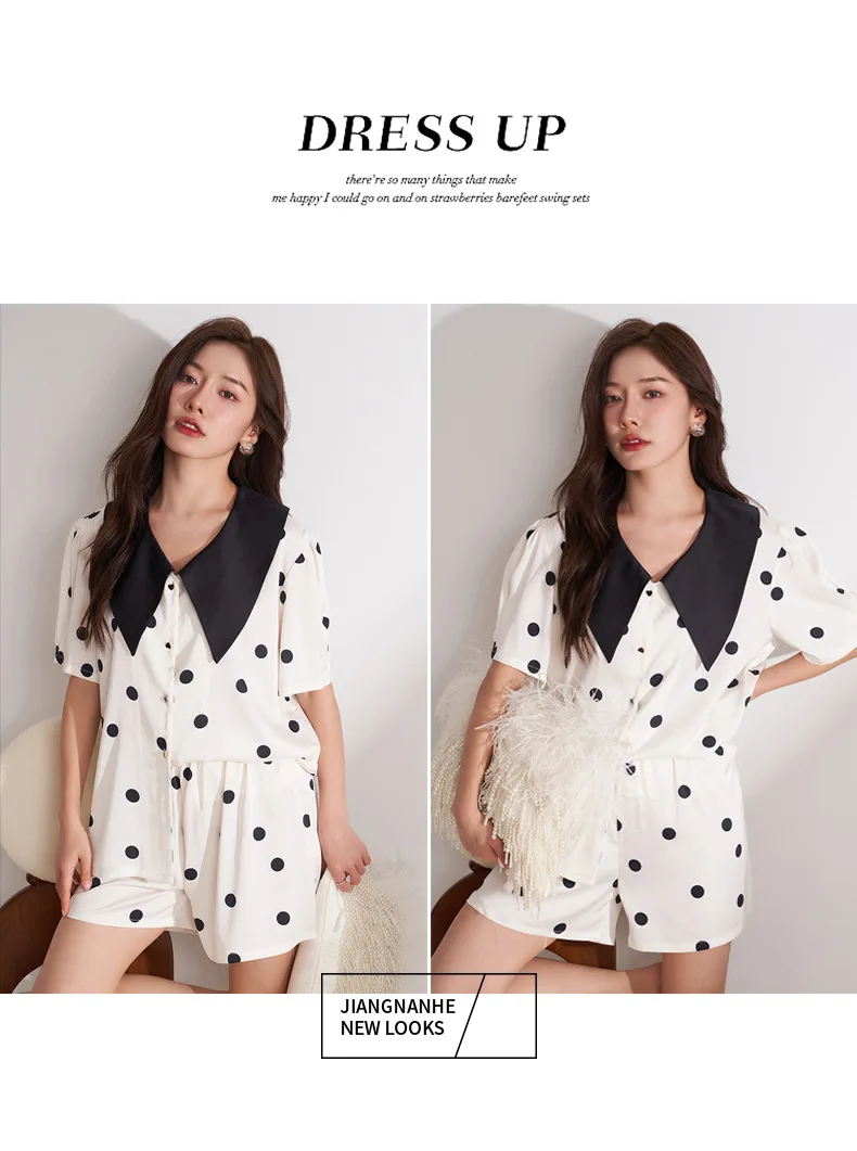 CRLAYDK 2023 Summer Polka Dot Pamas Set for Women Satin Silk Button Down Short Sleeve Sleepwear Bride Soft Pj Loungewear_voghion.com