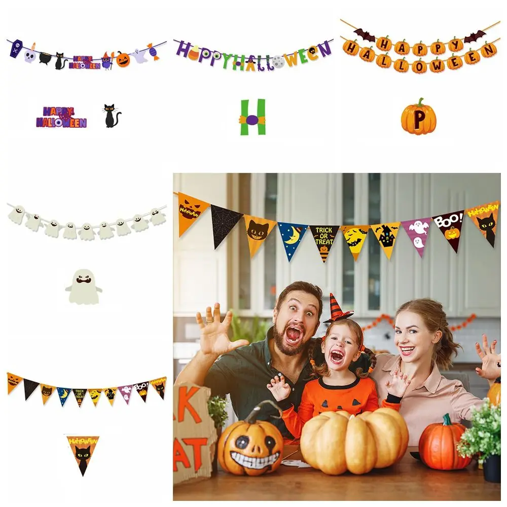 Happy Halloween Banner Horror Pumpkin Witch Spider Skull Garland Flags For House Hanging Ornaments