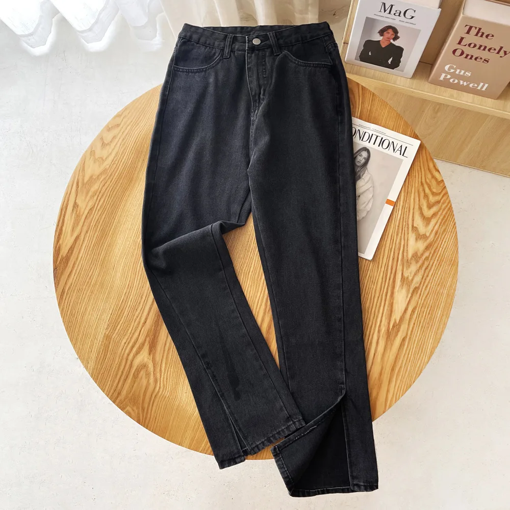 Spring and summer new street fashion solid color split nine-point jeans for women, high waist slim straight jeans for women purple brand jeans