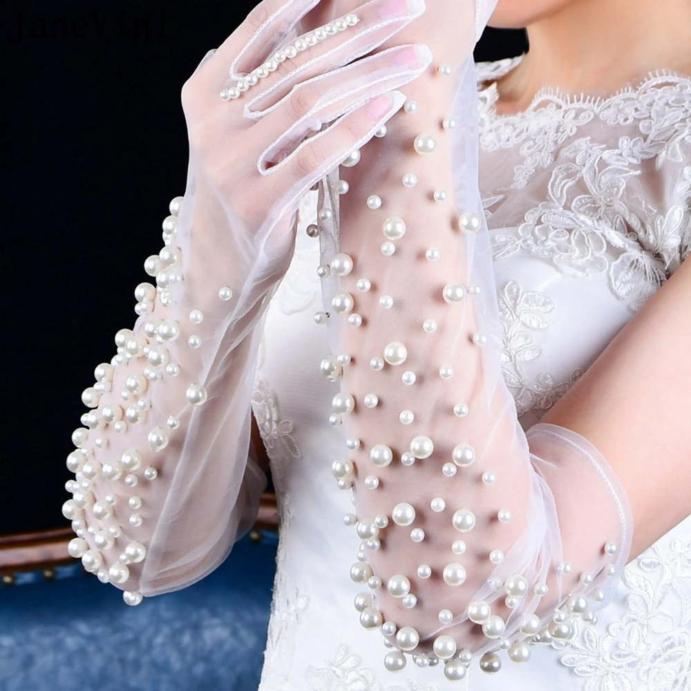 

JaneVini Women Pearls Bridal Gloves with Finger Wedding Gloves for Bride Luxury Elegant Handschuhe Damen White Sheer Tulle Glove