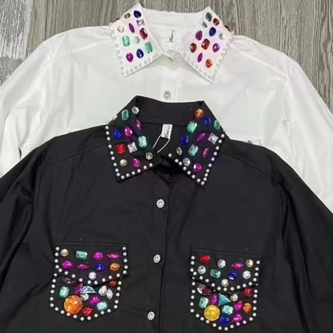 

Luxury Rhinestones Diamonds Stitch Women's Shirts Blouses 2024 New Heavy Industry Beaded Studded Long-Sleeved Casual Tops Blusas