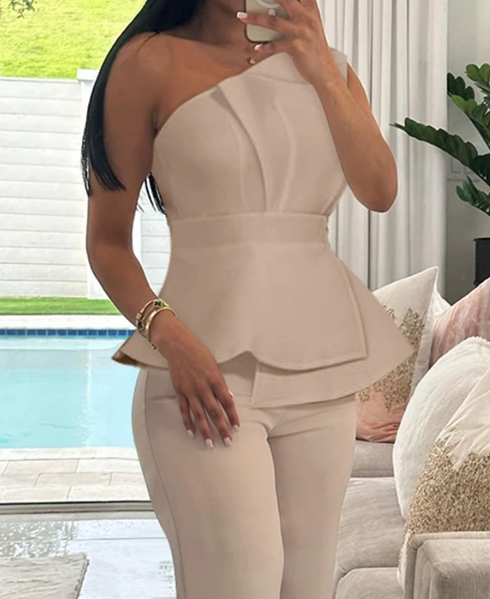 Elegant Two Pieces Set for Women 2024 Sleeveless Diagonal Collar One Shoulder Ruched Top & High Waist Straight Leg Pants Set