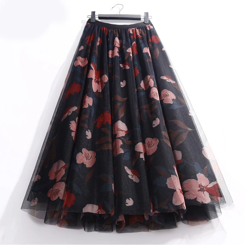 

Vintage High Waist Printing Tulle Long Skirt A-line Mesh Tutu Skirts Womens 2022 Spring Summer Female Faldas Aesthetic
