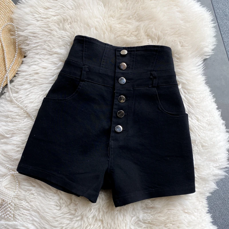 Women's Fashion Super High Waist Single Breasted Denim Shorts Black Retro Student Korean Slim and Versatile Chic Hot Pants