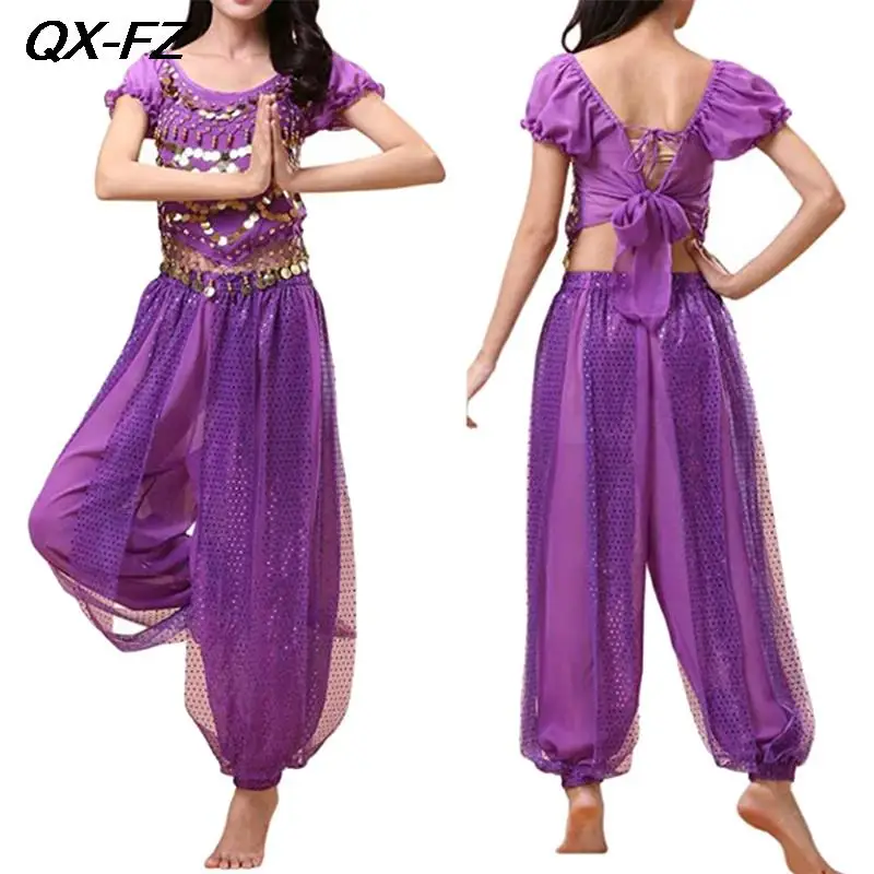 

2023 Ladies Belly Dance Outfit Set Oriental Indian Dance Halloween Costume Set Women Sequin Tops with Harem Pants Training Suit