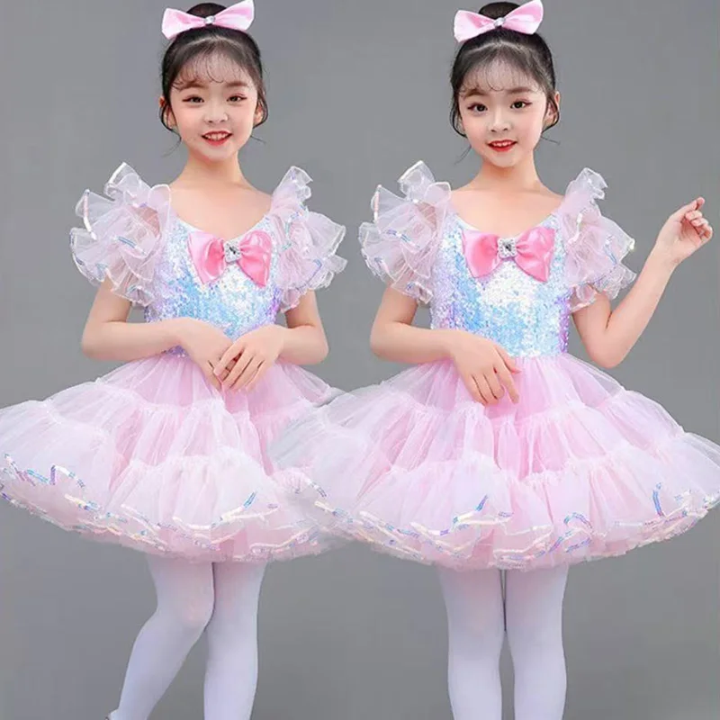 Kids Ballroom Clothing Sequined Modern Dance Tutu Dress Girls Jazz Dance Costume Stage Wear Toddler Wedding Princess Dress