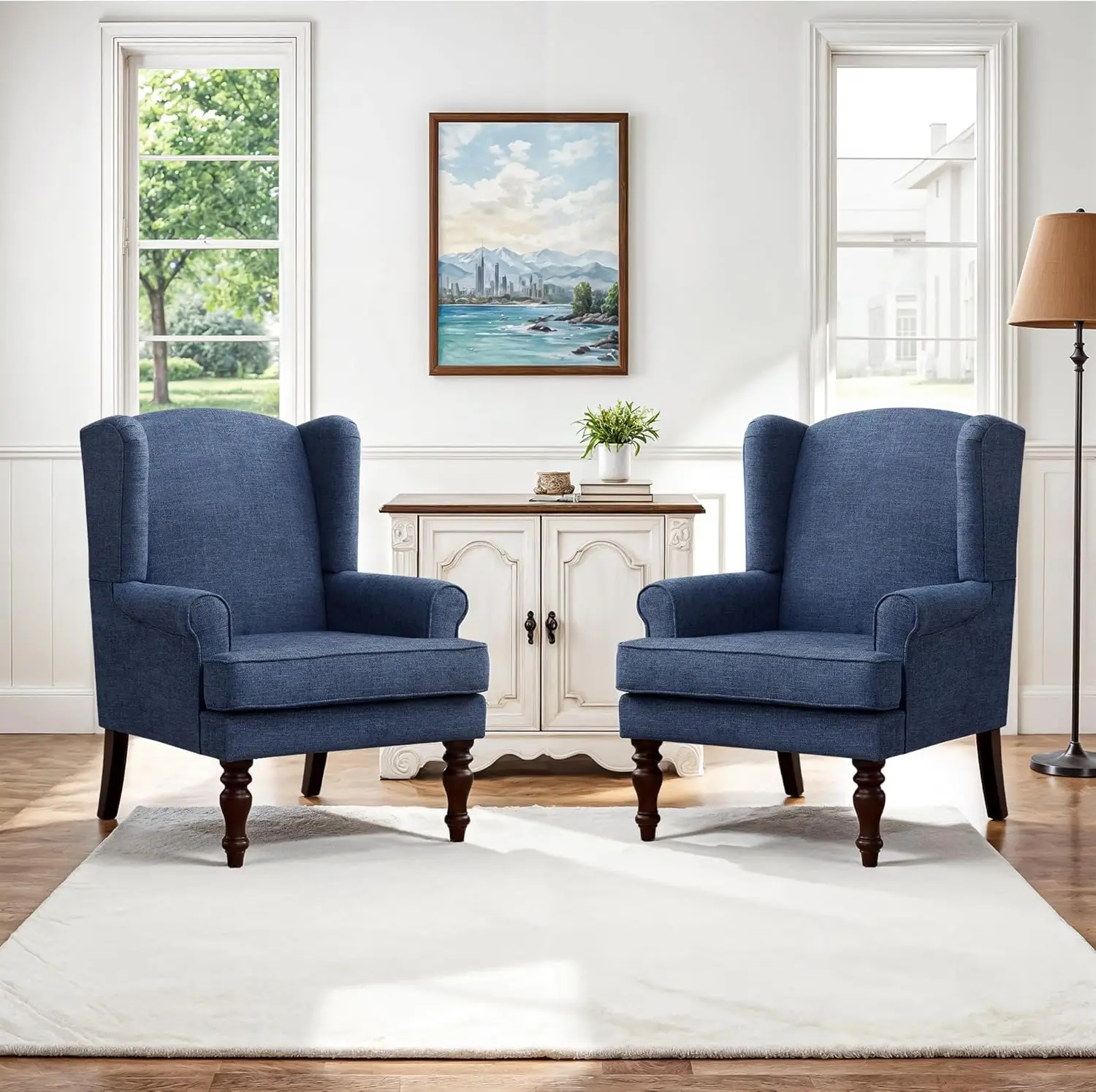 Living Room Chair Upholstered High Back Armchair Retro Printed Wingback Chair in Linen (Navy Blue) (1, Tan with Lines) 8