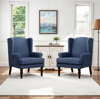Living Room Chair Upholstered High Back Armchair Retro Printed Wingback Chair in Linen (Navy Blue) (1, Tan with Lines) 8