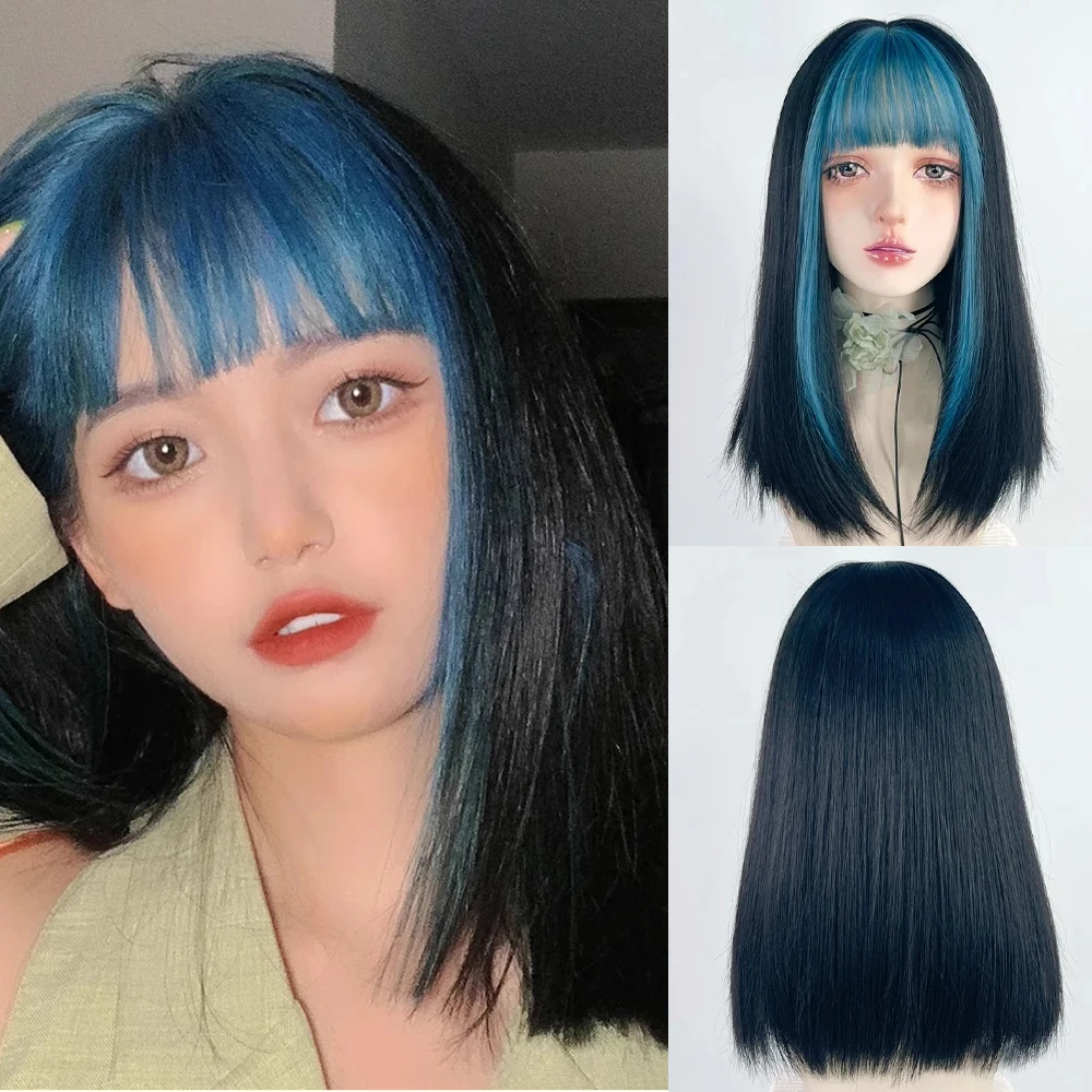 Medium Length Synthetic Blue Ombre Mix Straight Wig with Bangs Lolita Cosplay Natural Women Hair Wig for Daily Party