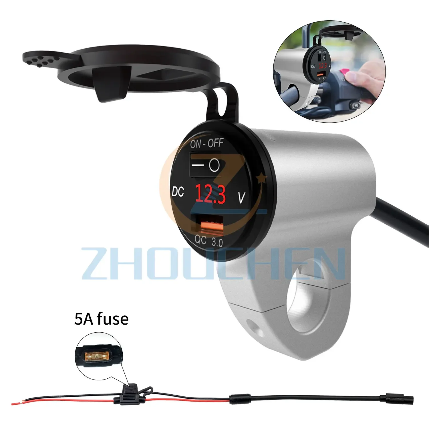

Motorcycle Charger Aluminum Alloy Waterproof Mobile Phone Digital Display Voltage 2.4A Usb Fast Charging with Power-off Switch