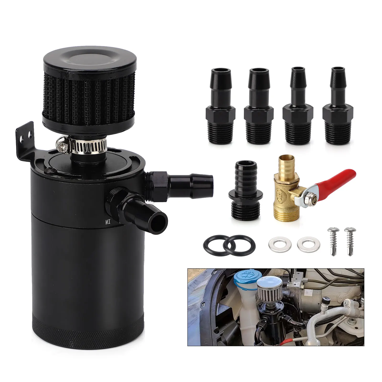 150ml 2-Port Baffled Reservoir with Drain Valve Breather Cylinder Filter Kit Car Aluminum Reservoir Oil Catch Can Tank Oil Catch Can Tank
