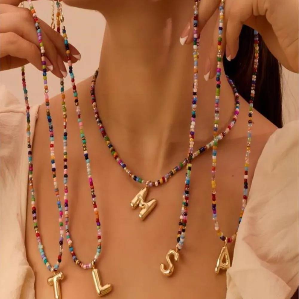 Initial 26 Letter Colorful Beaded Pendant Necklace for Women Vintage Boho Choke Collares Trendy All-match & Exquisite Jewelry