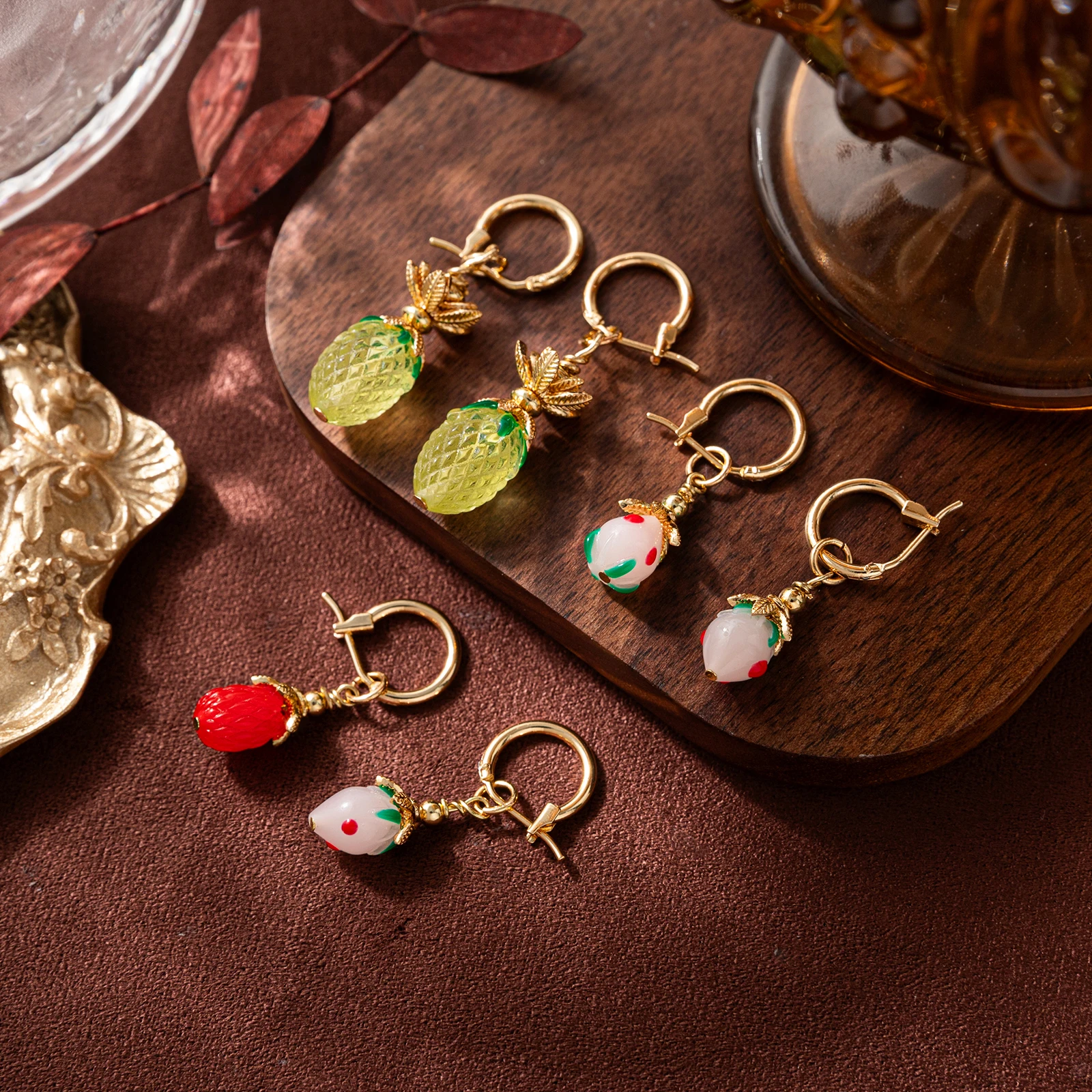 18K vergoldete Obst-Ohrringe für Frauen, süße Ananas-Erdbeer-Kirsch-Ohrringe, handgefertigter Sommer-Schmuck, Geschenk