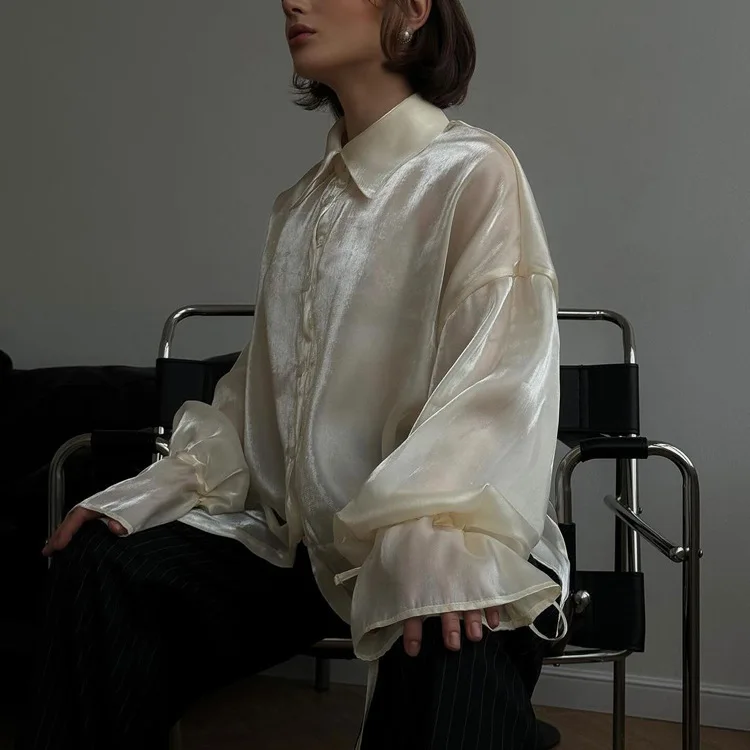 Blusa informal holgada transparente con solapa y manga larga con cordones para mujer, ropa de verano 2025, con parches lisos