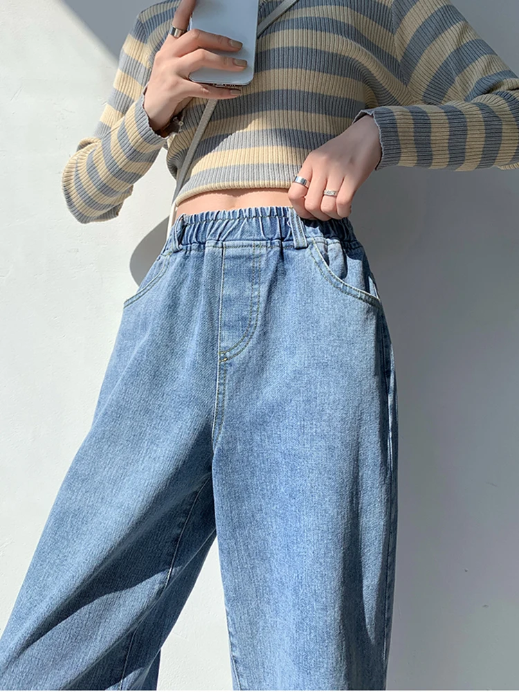 Décontracté Streetwear grande taille jean Femme vêtements ample droite jambe large Denim pantalon Femme taille élastique petit ami jean femmes