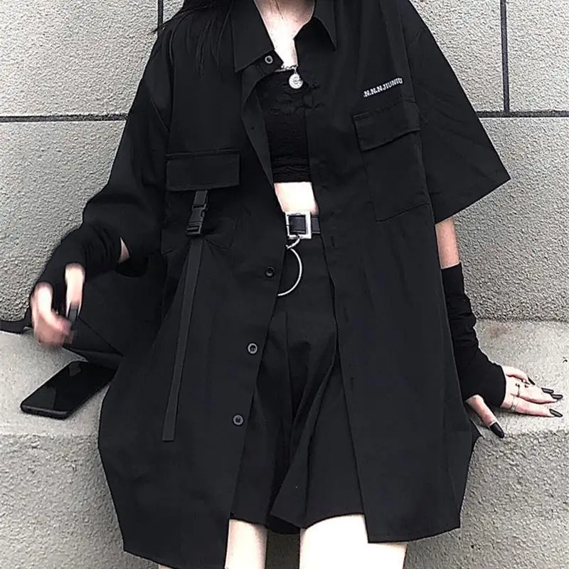 Fashion Black BF Streetwear Loose Shirt Girl Pleated Skirt Two Piece Sets Womens Outifits Y2k Set Skirt Sets Ensembles De Jupes