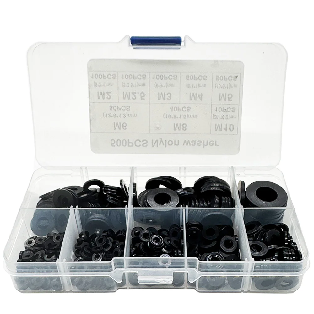 500PCS Nylon Washer Flat Assortment Kit 8-size Safety Plates M2 M2.5 M3 M4 M5 M6 M8 M10 Nylon Sealing Washers