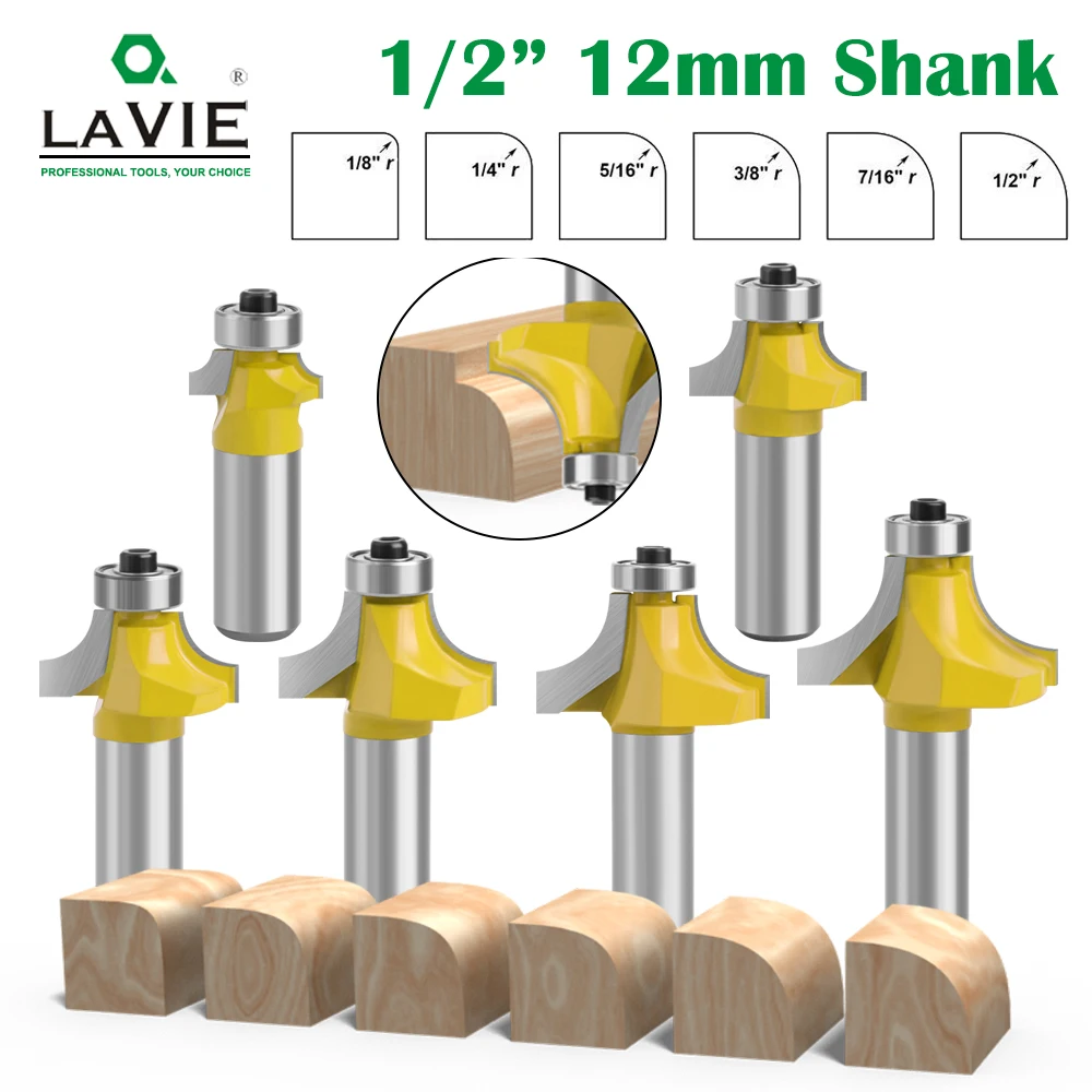 LAVIE 6-teiliges 12-mm-1/2-Zoll-Schaft-Eckfräser-Set mit rundem Über- und Perlenkanten-Fräser-Set, C3-Zapfenschneider mit Hartmetallspitze für Holz MC03138