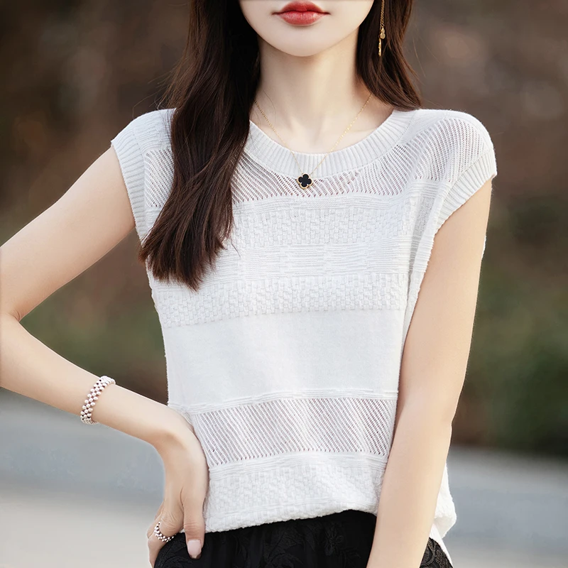 

Women's T-shirt Summer 100% Cotton Sweater Sleeveless Fashion Knitted Round Neck Ladies Tops Loose Blouse Pullover Hollow Tees