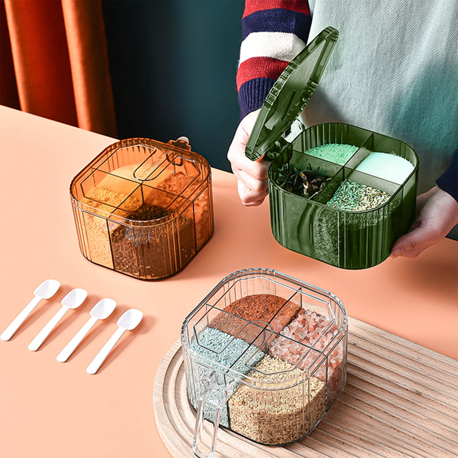 

Kitchen Storage Seasoning Jar Transparent Household Storage Box Spice Box Multifunctional Kitchen Supplies With Spoon