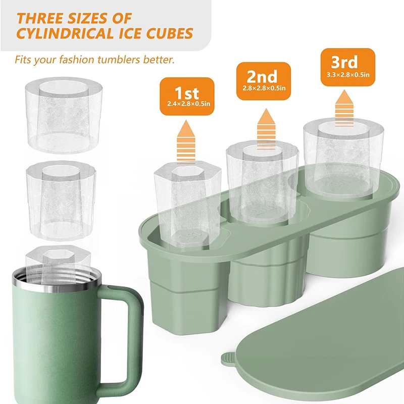 Cylinder Ice Cube Tray For Stanley Cup Tumbler Collapsible Reusable Silicone Ice Molds One-Piece 3-Grid For Drink Juice Coffee ice mold