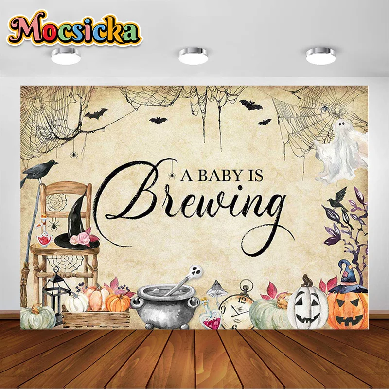 

Halloween Baby Shower Backdrop A Baby is Brewing Skeleton Witch Hat Orange Photography Background Newborn Kid Family Party Decor