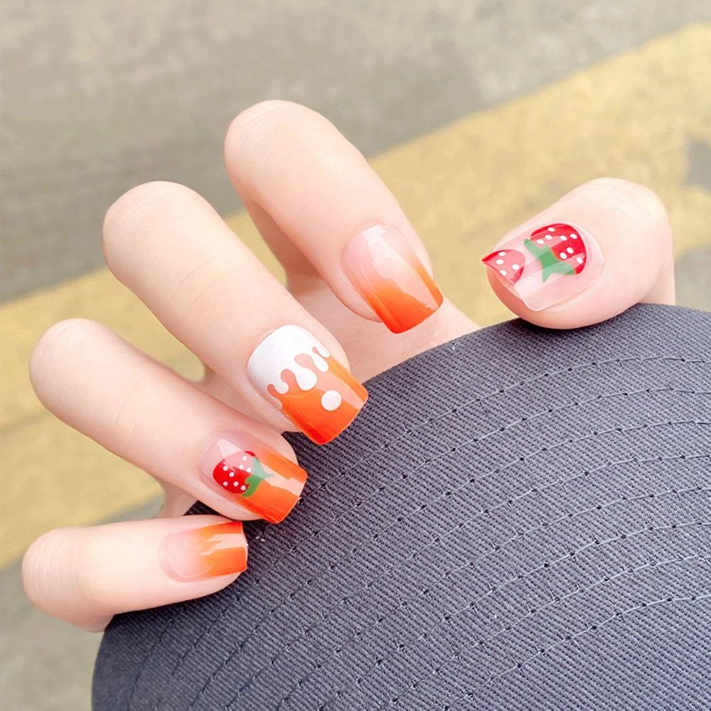 Korean Flowers Creamy Strawberry Short Wine Red Rose Heart Fake False Nail  Tip Full Cover Nail Tips Artificial Fake Nails| | - AliExpress