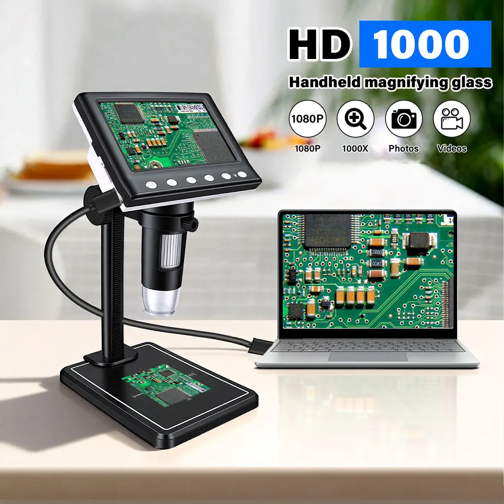 4.3인치 디지털 현미경 1000배율 코인 현미경 1080P 비디오 현미경(스탠드 포..