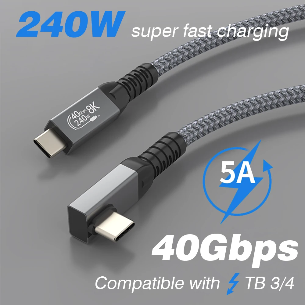 Thunderbolt USB 4 90도 각도 케이블 40Gbps USB4 팔꿈치 유형 C Thunderbolt3 4 데이터 전송 케이블 USB C PD240W 고속 충전
