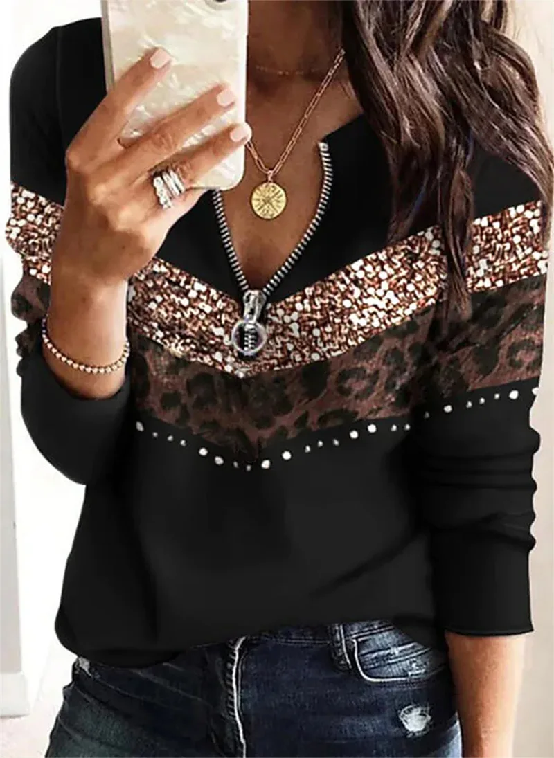 

New Casual Women's Wear Autumn Winter Abstract Print Plus Size Loose T-Shirt Fashion Zipper Long Sleeve Splice Top 2023