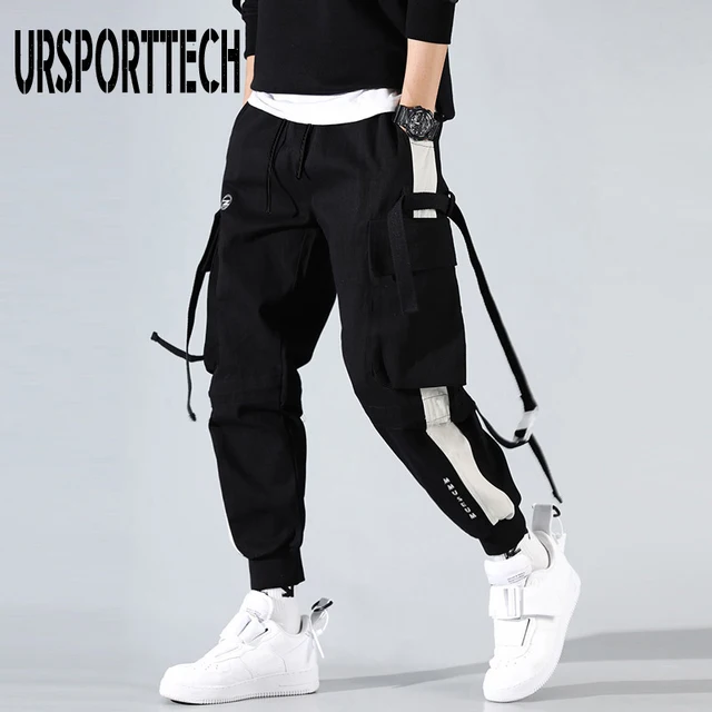 New Black Cargo Pants Hip Hop Joggers Men Loose Harem Pants Multi-pocket Ribbon Trousers Casual Streetwear Sport Pants for Men black