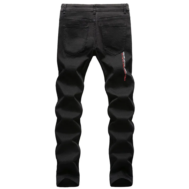 Fashion Embroidery Letters White Skinny Jeans Trousers Men Hip Hop Punk Casual Motorcycle Stretch Ripped Denim Pants Streetwear