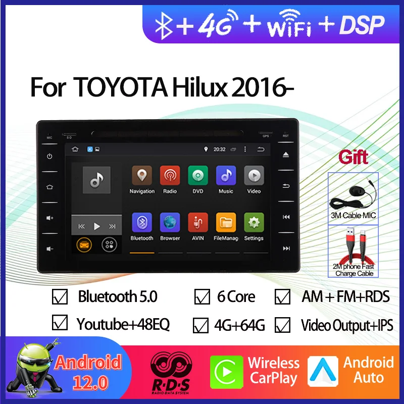 

Android 12 Car GPS Navigation Multimedia DVD Player For TOYOTA Hilux 2016 2017 2018 2019 Auto Radio Stereo With RDS BT Wifi