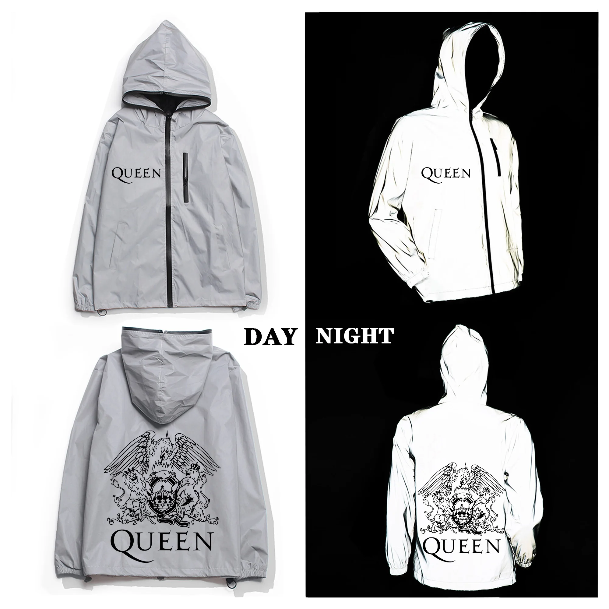 

Светоотражающая куртка Queen рок-группы, мужское и Женское пальто, ветровка с капюшоном, куртки с карманами для езды на велосипеде, походов, Женская ветровка на молнии