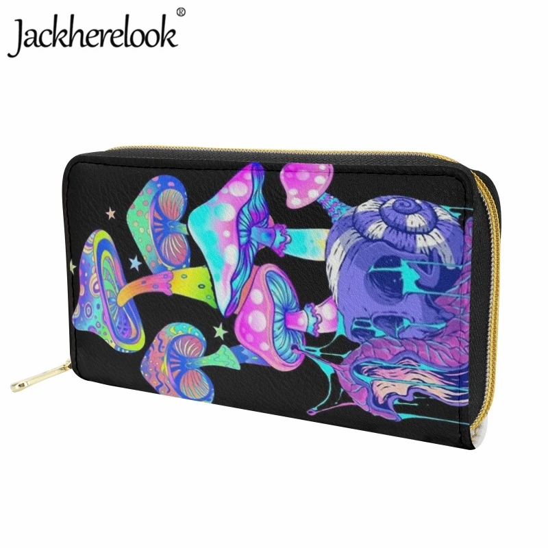 Jackherelook Fluorescent Psychedelic Mushroom Print Wallet Fashion Trend Ladies Long Leather Purse Card Holder Girls Money Bag