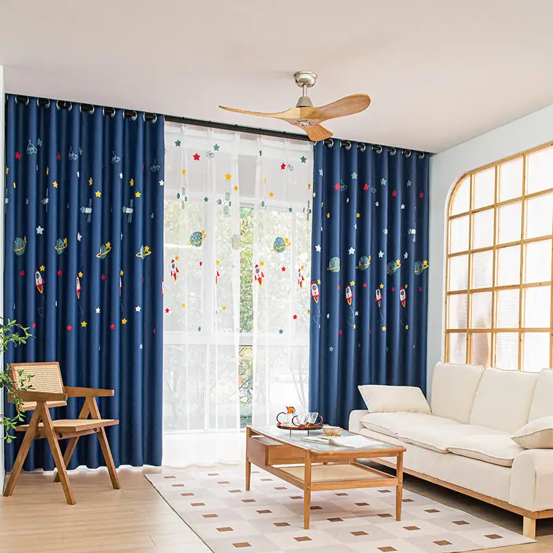 Description Picture 6 of itemModern Cartoon Dark Blue Boys Kids Curtain for Bedroom Space Planet Rocket Embroidery Drape Shading 80% Window Treatment #E