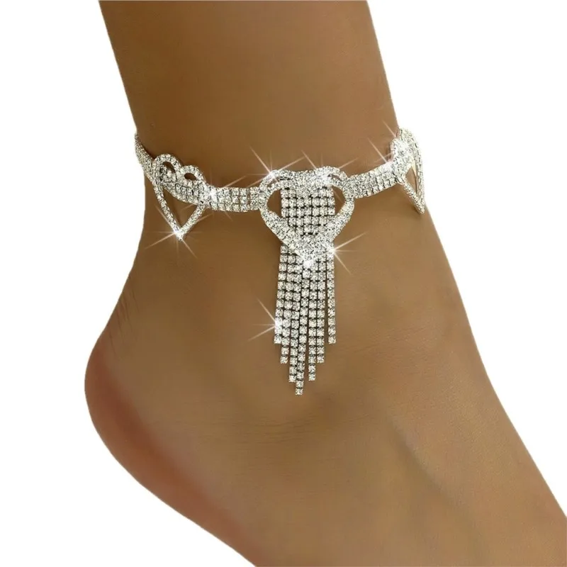 Inlaid Rhinestone Heart-shaped Tassel Charm Anklet for Women Elegant Fashion Summer Vocation Beach Wedding Anklet Jewelry Gifts