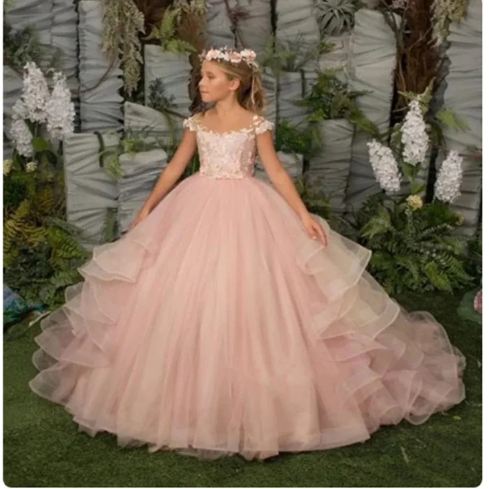 

Elegance Lace Applique Pink Flower Girl Dress Floral Children Wedding Party Gowns New Kids Clothes Princess First Communion