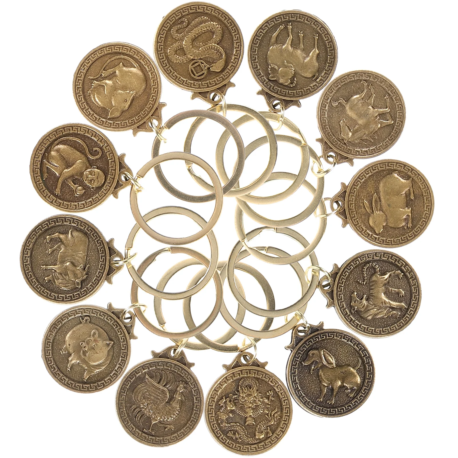 

12Pcs Twelve Chinese Zodiac Sign Pendants Auspicious Keychian Pendant (Golden)