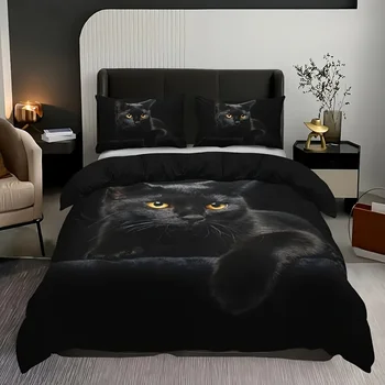 Three-piece set (1 quilt cover + 2 pillowcases, coreless) cool black cat element print bedding set, multiple sizes 1