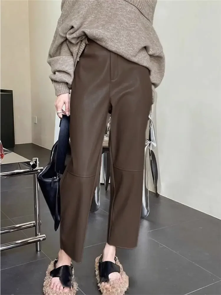 

Solid PU Pants for Women Fashion Elastic Waist Versatile Cropped Pants Loose High Street Korean 2024 Autumn Ankle-Length Pants