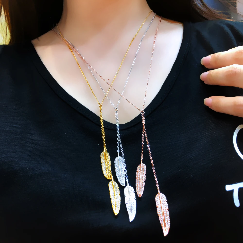 Soramoore New Trendy Long Chains Feather Pendant Necklace Jewelry for Women Girl Bridal Wedding Full Shiny CZ Romantic Lady Gift
