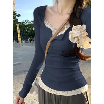 2026 Women's Fashion Trend Solid Color Sexy Lace Jacquard Two-Piece Long-Sleeve T-Shirt Y2K Slim Fit Sweet & Spicy Girl Shirt 1